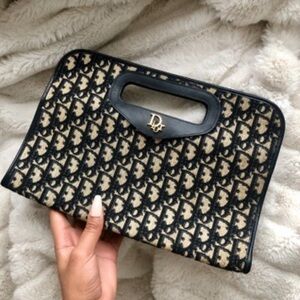 Christian Dior Vintage Oblique Jacquard Monogram Navy Blue Clutch
